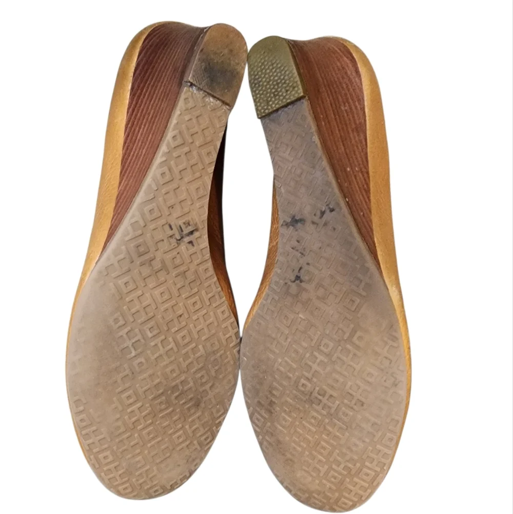 Tory Burch Sally Wedge Pumps - Tan Leather, Size 9.5M